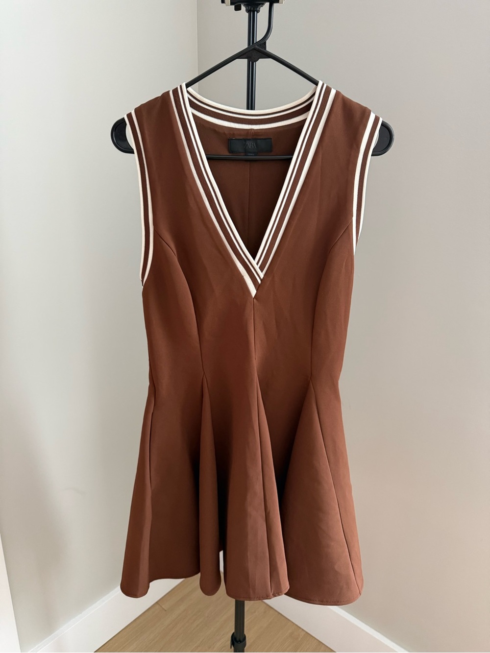 Zara Brown Sleeveless V-Neck Flare Dress with White Trim